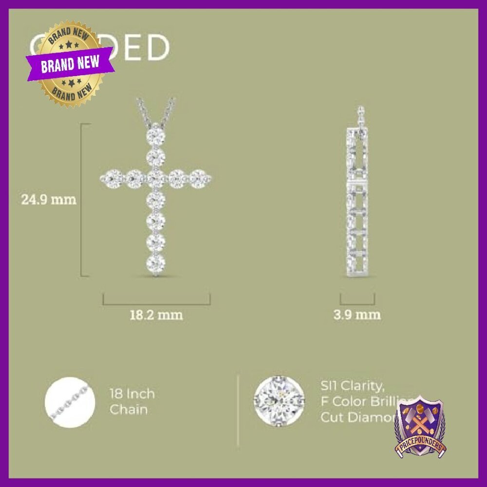 1ct Lab Diamond Cross Pendant Necklace Sterling Silver 18in Chain - Picture 5 of 8